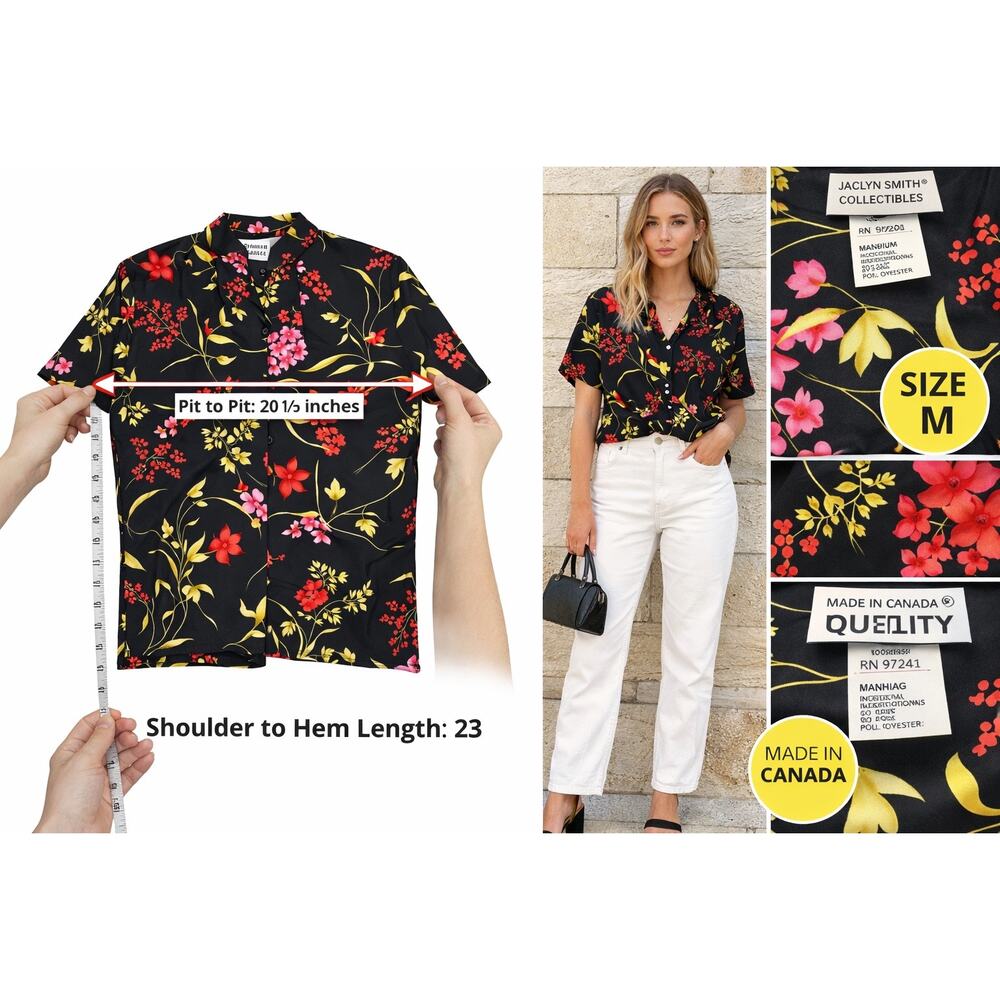 Jaclyn Smith Collectibles Dark‎ Floral Retro Button Up Blouse Medium Made Canada